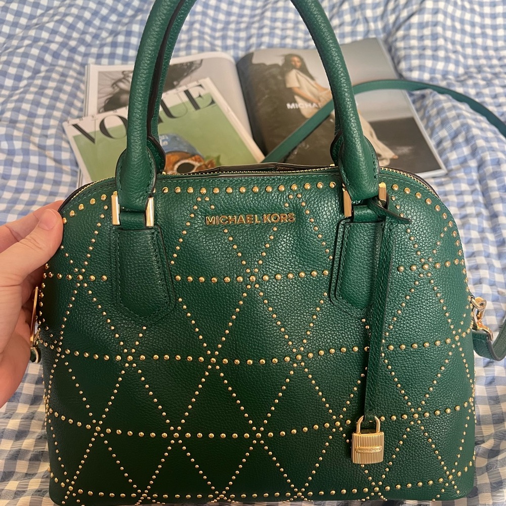 Michael Kors Green Large Studded Satchel Bag - Picture 3 of 10